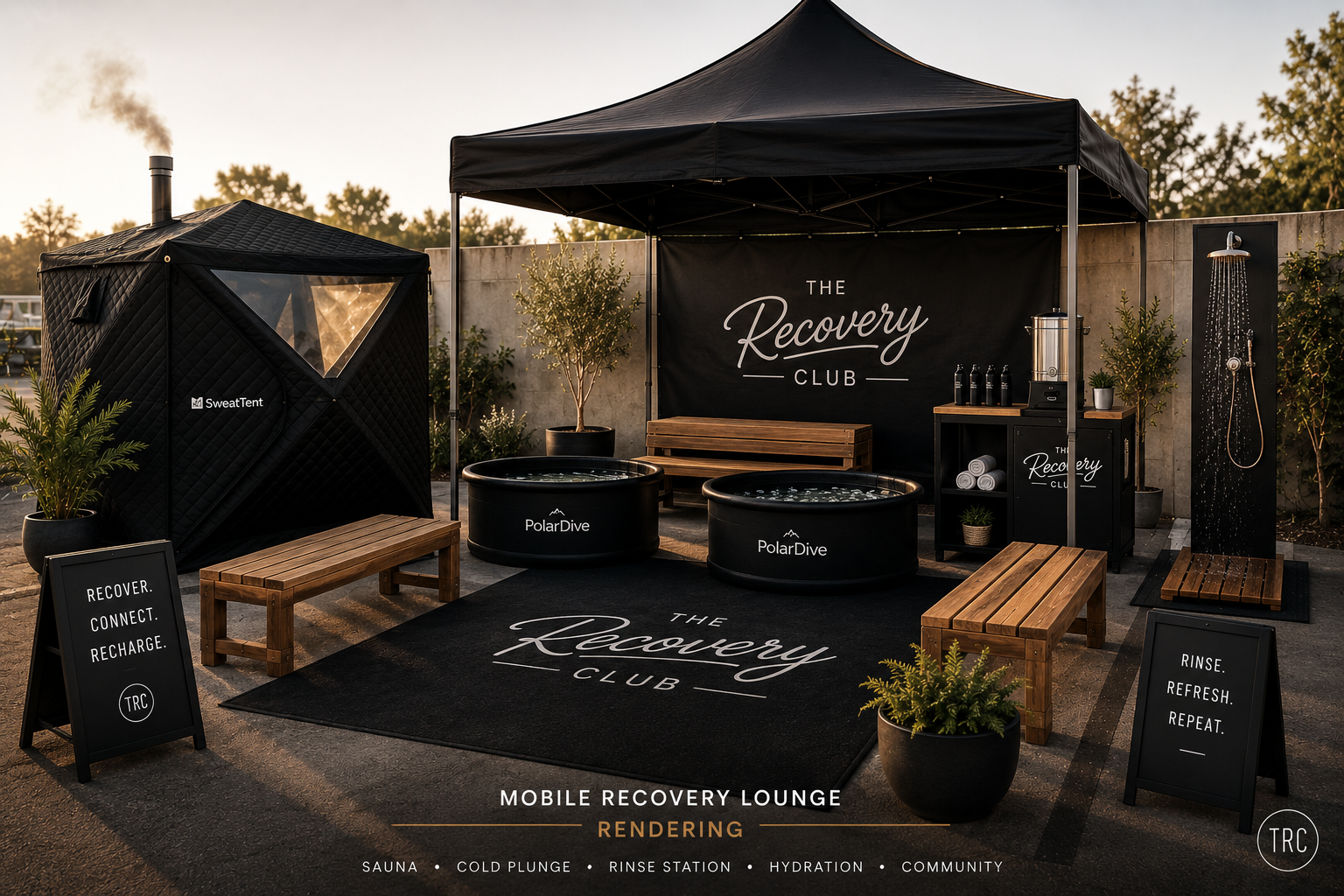 A complete Recovery Club lounge at golden hour with wood-fired sauna, two cold plunges, cedar benches, canopy, lounge seating, and guests relaxing