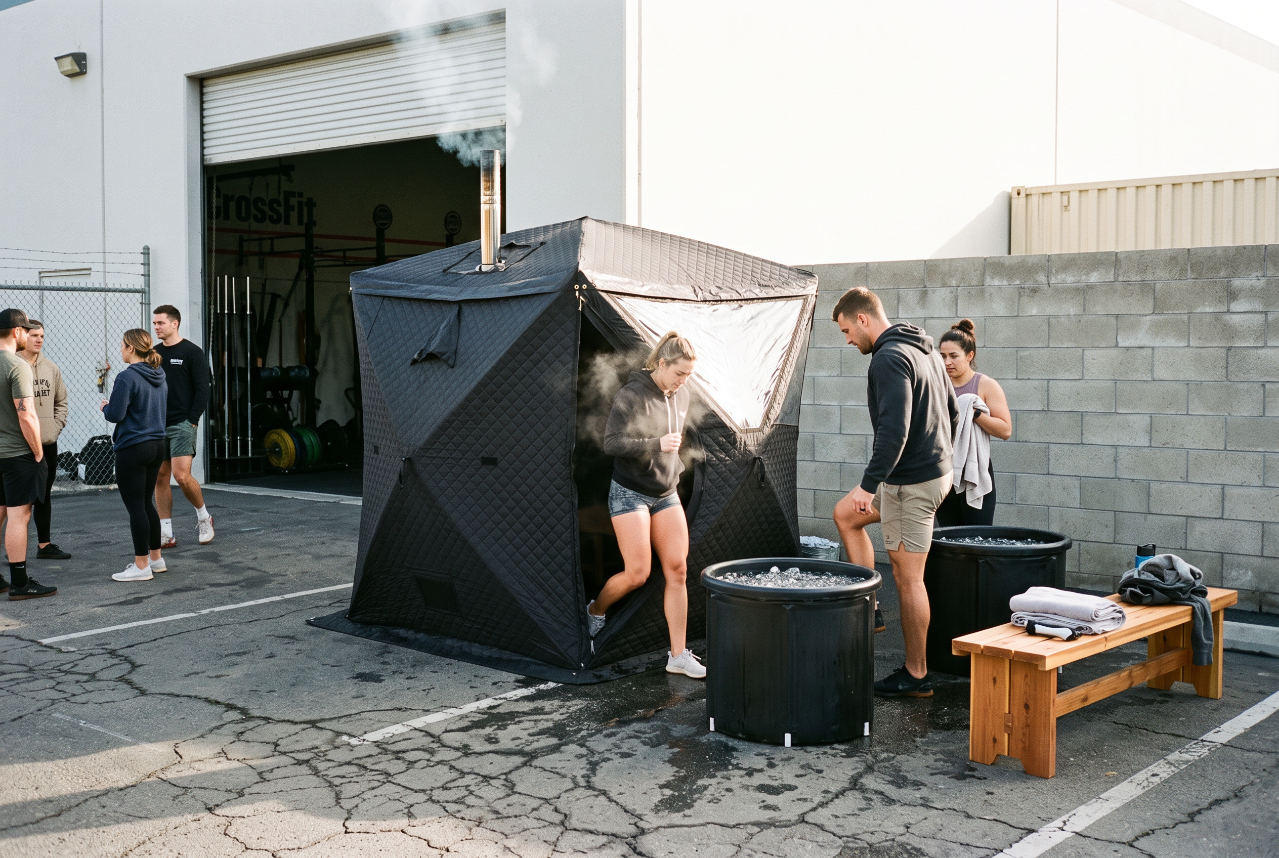 Black wood-fired sauna tent with chimney and two cold plunges set up outside a CrossFit gym on a Saturday morning