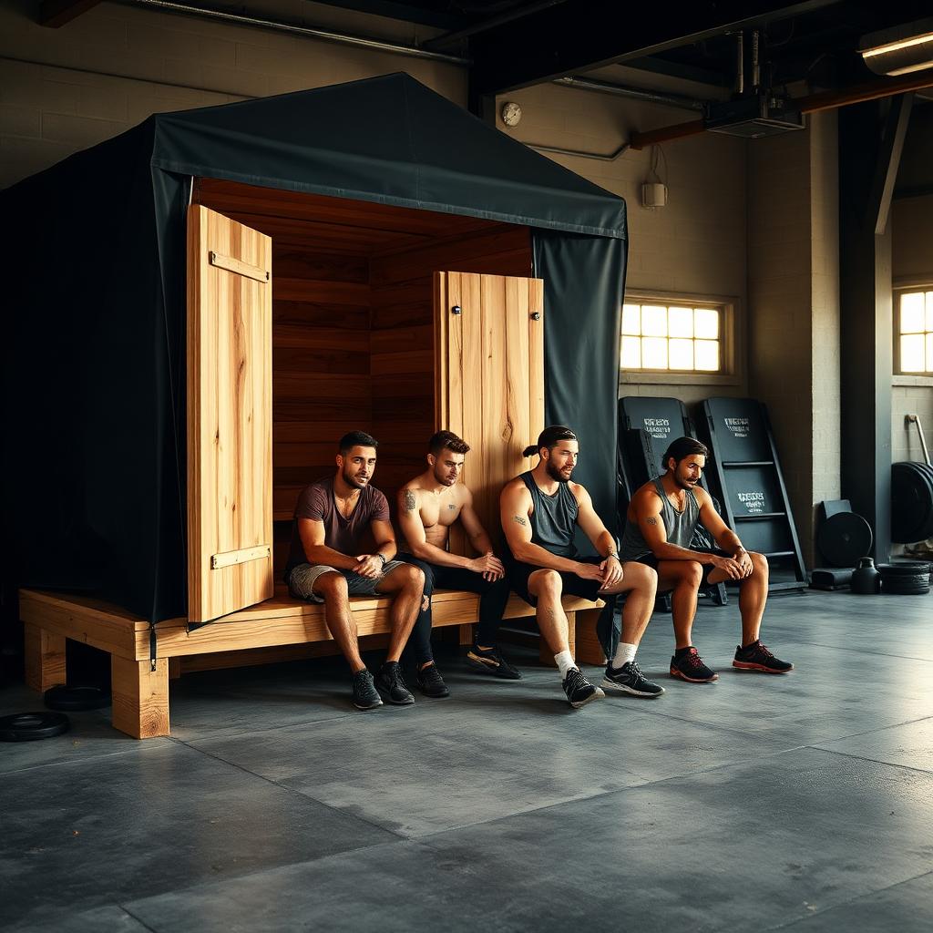 Athletes recovering after training beside a wood-fired sauna tent inside a CrossFit gym