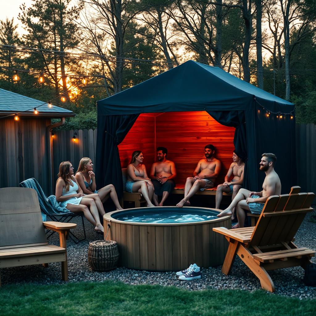 Friends relaxing around a wood-fired sauna and cold plunge at golden hour
